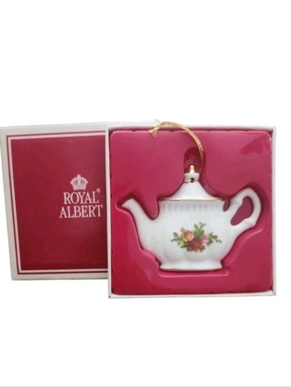 ROYAL ALBERT Vintage Christmas Tree Ornament Old Country Roses TEA POT Porcelain